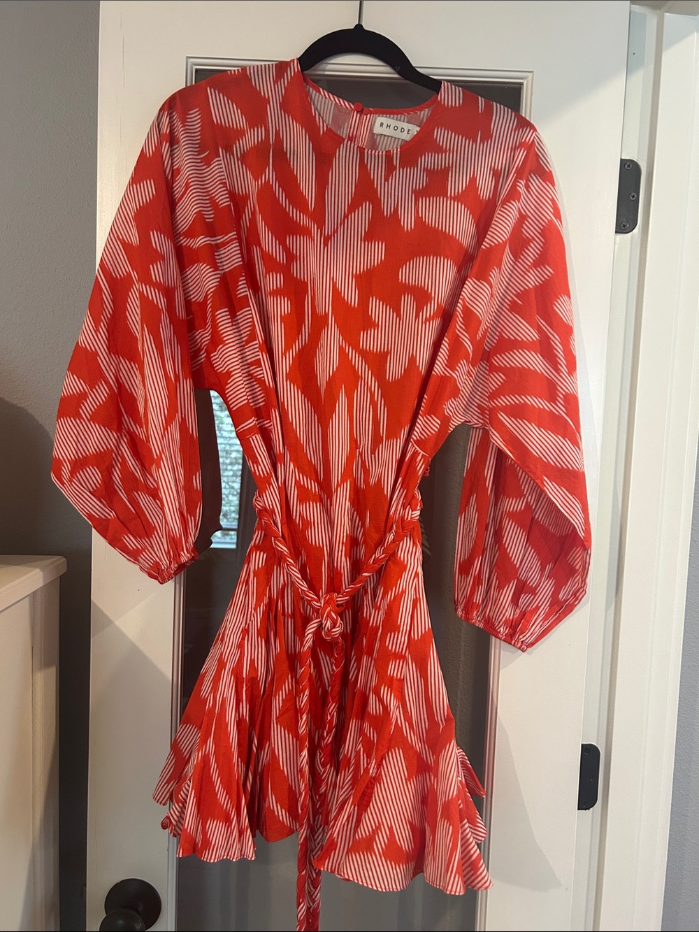 RHODE Red and White Floral-Print Tie-Waist Dress